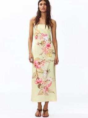 H&M Long Bandeau Dress Light Yellow Hummingbird Floral M&L
